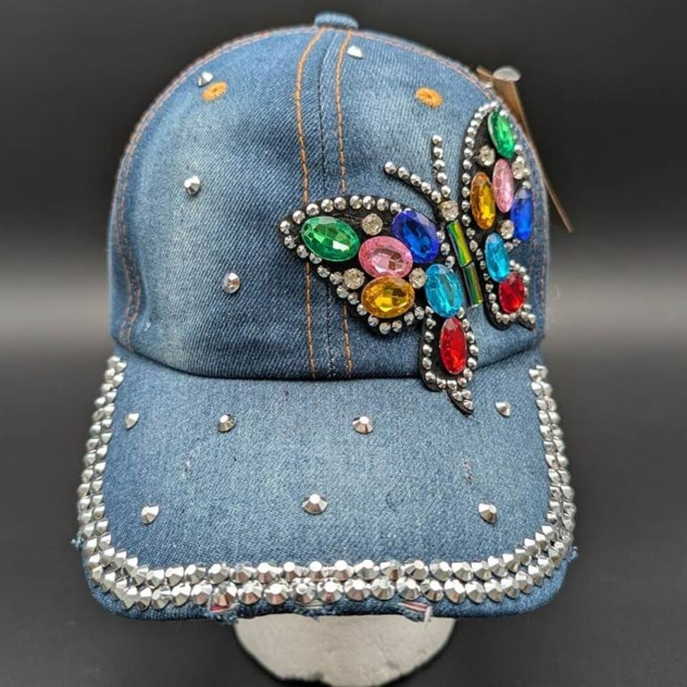 Y2K Rhinestone Baseball Hat Cap Womens Blue Denim Studded Adjustable Butterfly